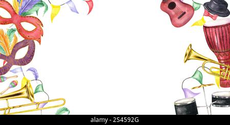 Aquarell Mardi Gras, brasilianischer Karneval horizontaler Rahmen isolierter Hintergrund. Musikalische Percussion, Saiten- und Bläserinstrumente, farbige Masken Stockfoto