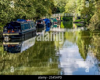 Hausboote entlang des Kennet- und Avon-Kanals bei Hungerford in Berkshire. Stockfoto