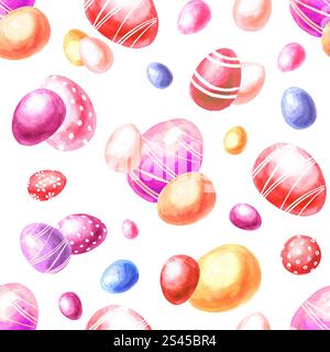 Ostern nahtloses Muster mit farbigen Eiern, Aquarell handgemalte Illustration isoliert auf weißem Hintergrund Stockfoto