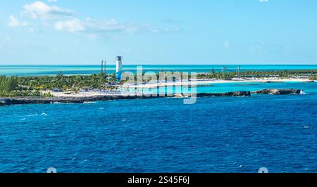 Panoramablick auf Great Stirrup Cay Island, die Bahamas Stockfoto