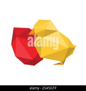 Illustration von abstraktem Origami-gelbem Huhn mit rotem Ei auf weißem Hintergrund Stock Vektor