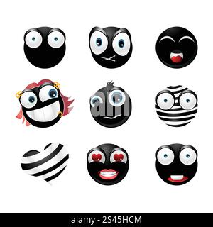 Sammlung glänzend schwarzer Emoticons, isoliert auf weißem Hintergrund Stock Vektor