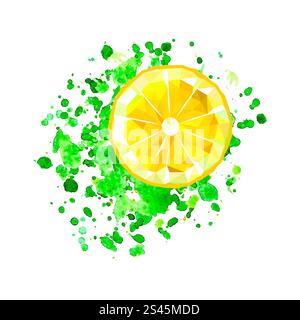 Illustration von Origami-Zitronenscheibe mit Aquarell-Spritzer Stock Vektor