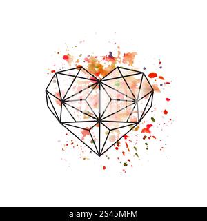 Illustration des geometrischen Herzens auf Aquarellhintergrund Stock Vektor