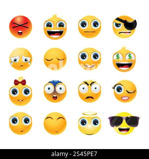 Sammlung glänzender Emoticons isoliert auf weißem Hintergrund Stock Vektor