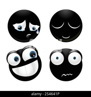 Sammlung glänzend schwarzer Emoticons, isoliert auf weißem Hintergrund Stock Vektor
