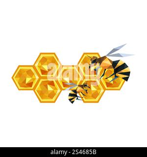 Illustration von Origami-Wabendesign und Bienen isoliert auf weißem Hintergrund Stock Vektor