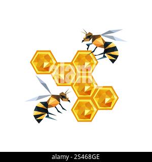 Illustration der Origami-Wabe mit Bienen isoliert auf weißem Hintergrund Stock Vektor
