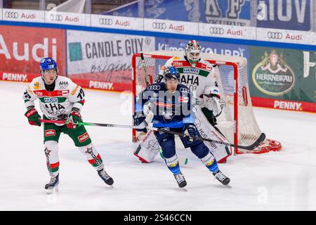 Ingolstadt, Deutschland. Januar 2025. Ingolstadt, Deutschland 10. Januar 2025: Penny DEL - 2024/2025 - Sp.35 - ERC Ingolstadt vs. Augsburger Panther im Bild: v.li. Riley McCourt (Augsburg) und Daniel Schmölz/Schmoelz (ERC Ingolstadt) Credit: dpa/Alamy Live News Stockfoto