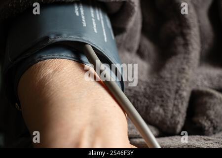 Ältere Frauen messen den Blutdruck mit einem Tonometer zu Hause, Blutdruckmessungen, Bluthochdruck Stockfoto