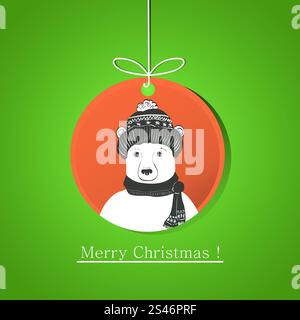 Illustration der modernen flachen Karte mit Doodle Bär auf Weihnachtsball Stock Vektor