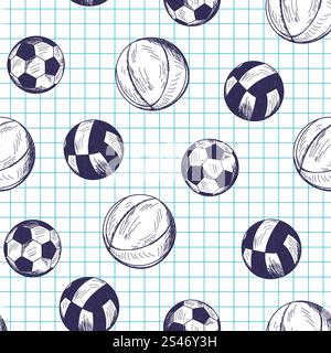 Nahtloses Muster mit Hand gezeichnet verschiedene Sport-Kugeln auf karierten Hintergrund Interfacemodule Stock Vektor