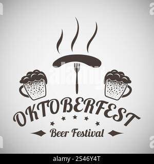 Oktoberfest-Vintage-Emblem. Zwei Becher Bier mit den Ohren des Weizens und der Gabel mit Wurst. Geeignet für Werbung, Fest Attribute, Pub-Ausrüstung und andere Verwendung. Braun Retro-Stil.  Vektor-Illustration. Stock Vektor