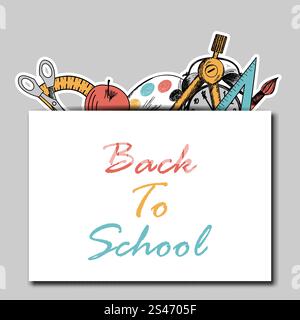 Schulbeginn in flachem Design mit handgezeichneten Symbolen für die Schulzeit Stock Vektor