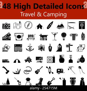 Satz von hoch detaillierte Reisen und Camping glatt Symbole in schwarzen Farben. Geeignet für alle Arten von Design (Web-Seite, Schnittstelle, Werbung, Polygraph und andere). Vektor-Illustration. Stock Vektor