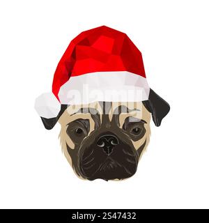 Illustration mit Doodle Mops mit Origam weihnachtsmütze isoliert auf weißem Hintergrund Stock Vektor