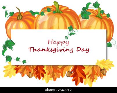 Thanksgiving Day Grußkarte weißen Blatt für Textfreiraum. Design bestehen aus Kürbissen, Eichenlaub und Eicheln auf weißem Hintergrund.  Sehr niedlich und warmen Farben. Vektor-Illustration. Stock Vektor