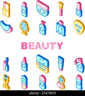 Schönheitssalon Zubehör Kollektion Icons Set Vektor. Lippenstift Und Puder, Beauty Gesichtsmaske Und Parfüm, Creme Und Shampoo, Spiegel Und Nagellack Isometrische Schilderfarben Illustrationen. Schönheitssalon Zubehör Kollektion Icons Set Vektor Stock Vektor