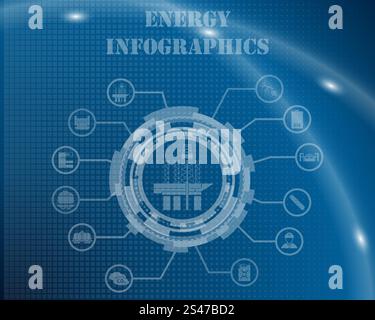 Energie-Infografik-Vorlage aus technologischen Ausrüstung Zeichen, Linien und Symbole. Elegantes Design mit Transparenz auf blau karierter Hintergrund mit Lichtlinien und Flash auf It. Vektor-Illustration. Stock Vektor