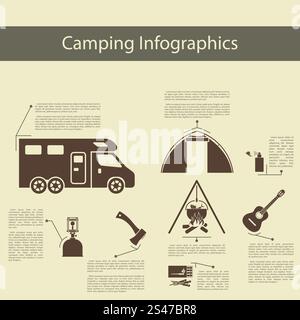 Infografiken mit Anhänger, Zelt, Gaslampe Camping, Axt, übereinstimmen, Brand, Gitarre und Anti-Moskito-Spray. Elegante flache Design-Stil. Vektor-Illustration. Stock Vektor