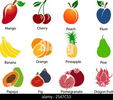 Reihe von süßen Frucht Icons mit Titel auf weißem Hintergrund. Vektor-Illustration. Stock Vektor