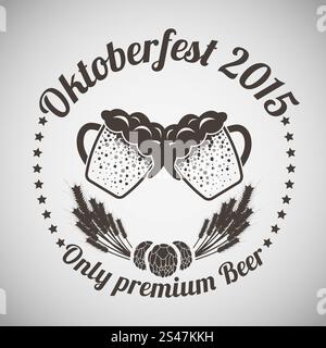 Oktoberfest-Vintage-Emblem. Zwei Becher Bier mit den Ohren des Weizens und Sterne Zeilen. Geeignet für Werbung, Fest Attribute, Pub-Ausrüstung und andere Verwendung. Dunkel braun Retro-Stil.  Vektor-Illustration. Stock Vektor