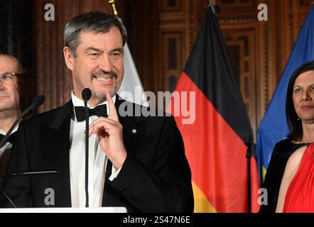 München, Deutschland. Januar 2025. Der bayerische Premierminister Markus Söder (CSU) spricht beim Neujahrsempfang von Premierminister Markus Söder in der Münchner Residenz. Quelle: Felix Hörhager/dpa/Alamy Live News Stockfoto