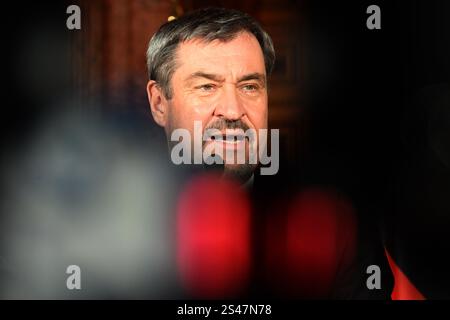 München, Deutschland. Januar 2025. Der bayerische Ministerpräsident Markus Söder (CSU) spricht bei seinem Neujahrsempfang in der Münchner Residenz. Quelle: Felix Hörhager/dpa/Alamy Live News Stockfoto