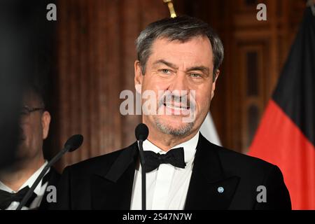 München, Deutschland. Januar 2025. Der bayerische Ministerpräsident Markus Söder (CSU) spricht bei seinem Neujahrsempfang in der Münchner Residenz. Quelle: Felix Hörhager/dpa/Alamy Live News Stockfoto