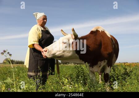 Ältere Frau mit schöner Kuh auf der Weide Stockfoto