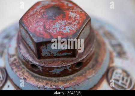 Verrostete sechseckige Hydrantenkappe aus der Nähe Stockfoto