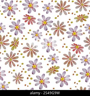 Nahtloses Aquarellmuster mit zarten Gänseblümchen und verstreuten Punkten auf weißem Hintergrund. Perfekt für feminine Designs und Designs für Textilien Stockfoto