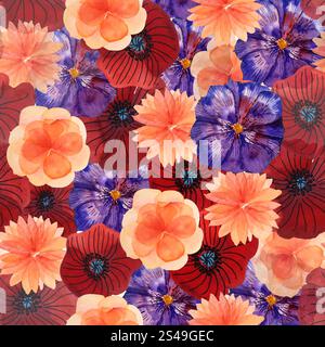 Leuchtendes, nahtloses Blumenmuster in Aquarellfarben mit rotem Mohn, orangen Rosen und lila Hibiskus. Perfekt für Textildesigns, Tapeten, Geschenke Stockfoto