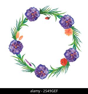 Atemberaubender Blumenkranz in Aquarellfarben mit violettem Hibiskus, Orangenblüten und sattgrünen Blättern. Ideal für Einladungen und Grußkarten Stockfoto