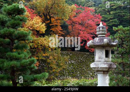 Eine Steinlaterne im Kasuga-Stil hebt sich in einem japanischen Gartenkonzept oder Hintergrundbild von Hikone, Shiga, Japan ab. Stockfoto