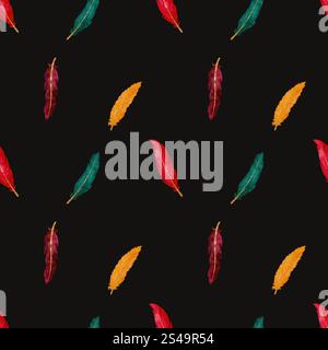 Ein atemberaubendes und lebendiges Federmuster in Aquarellfarben in verschiedenen wunderschönen Farbtönen auf tiefdunklem Hintergrund. Nahtloses Aquarellmuster für den Druck auf Stoff und Papier. Stockfoto