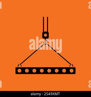 Symbol der Platte am Kranhaken gehängt durch Anschlagseile. Orangefarbenen Hintergrund mit schwarz. Vektor-Illustration. Stock Vektor