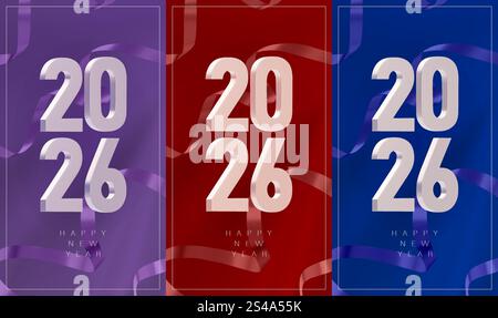 Ein Satz vertikaler Banner mit den metallischen Zahlen 2026 und einer Serpentine auf einem Hintergrund aus farbigem Stoff in verschiedenen Farben. Modernes Design für Neues Stock Vektor