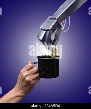 Konzeptuelles Bild, das das universelle Grundeinkommen mit einem Roboterarm veranschaulicht, der Pfund-Münzen in einen Becher wirft. Dies könnte die Auswirkungen von KI und Robotik auf die Arbeitsplatzverlagerung darstellen. Stockfoto