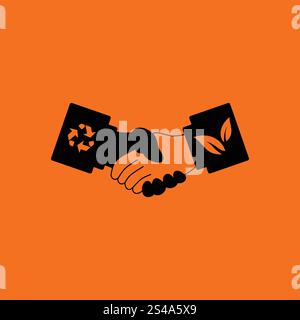 Ökologische Händeschütteln Symbol. Orangefarbenen Hintergrund mit schwarz. Vektor-Illustration. Stock Vektor