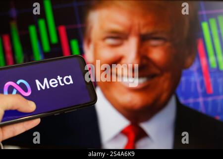 Polen. Januar 2025. In dieser Fotoabbildung wird ein Porträt von Donald Trump, dem gewählten US-Präsidenten, gegen das Meta-Logo gezeigt, während der Inhaber von Meta, Facebook-CEO Mark Zuckerberg, unabhängige Faktenüberprüfungsverfahren ablehnt. Meta ist ein Herausgeber von Facebook und Twitter, weltweit populären sozialen Medien. Mark Zuckerberg, CEO von Meta, entschied, dass die Social-Media-Plattformen nun in einem Stil betrieben werden, der von Donald Trump als verhöhnt betrachtet wird. Quelle: SOPA Images Limited/Alamy Live News Stockfoto