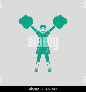 US-amerikanischer American-Football-Cheerleader-Mädchen-Symbol. Grauer Hintergrund mit grün. Vektor-Illustration. Stock Vektor