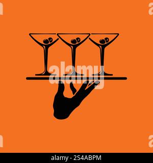 Kellner-Hand mit Tablett mit Martini-Gläser-Symbol. Orangefarbenen Hintergrund mit schwarz. Vektor-Illustration. Stock Vektor