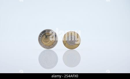 Nahaufnahme von 1, 5 und 2 polnischen Zloty-Münzen auf einer glänzend weißen Oberfläche Stockfoto