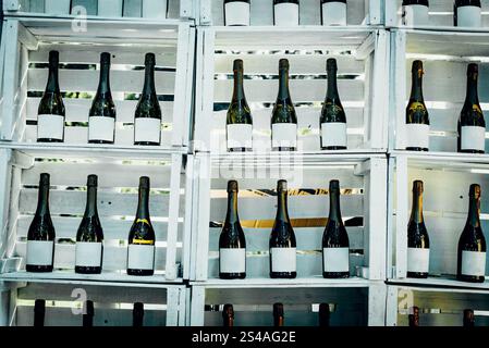 Viele Glasflaschen Champagner Weißwein stehen auf einem Holzregal, Verkauf von alkoholischen Getränken Stockfoto