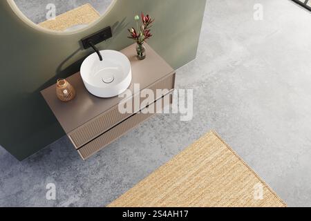 Blick von oben auf ein modernes Badezimmer mit grünen Wänden, schwebendem Kosmetiktisch, weißem Waschbecken, schwarzem Wasserhahn und minimalistischer Einrichtung auf Betonboden. 3D-Renderi Stockfoto