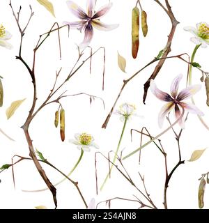 Zweig mit Katzetten, Frühlingsblumen Weiße Waldanemone Kerze, Kitzforelle Lilie, Aquarell handgezeichnet. Botanische Illustration mit nahtlosem Muster Stockfoto