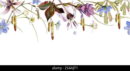 Frühlingsblumenzweig mit Katzetten, blaue hepatica Vergissmeinnicht, weiße Waldanemone, Forellenlilie, corydalis handgezeichnet in Aquarellen. Nahtloses Banner Stockfoto
