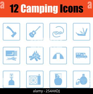 Camping-Symbolsatz. Camping-Symbolsatz. Blaues Rahmendesign. Vektorabbildung. Stock Vektor