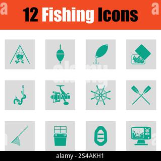 Angeln-Icon-Set. Grün auf grau Design. Vektor-Illustration. Stock Vektor